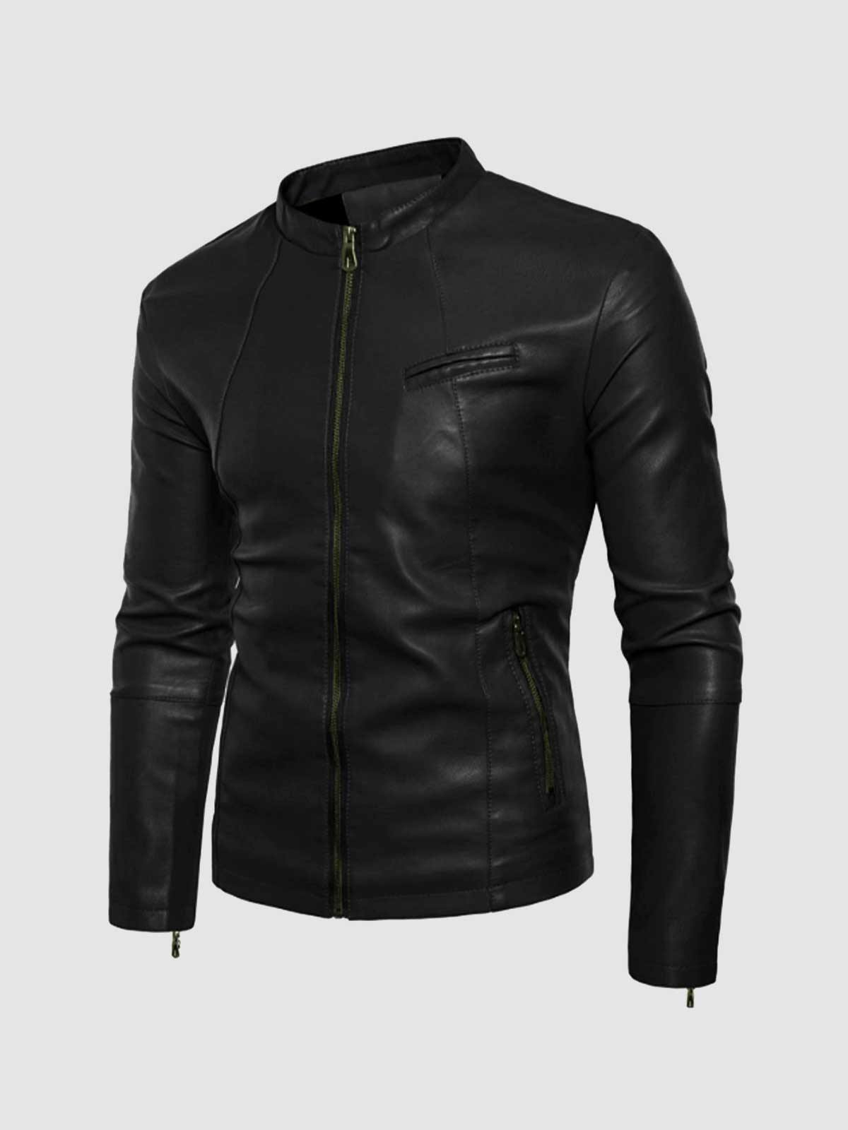 Small Collar Men's Black Leather Jacket | Leather Jacket Shop