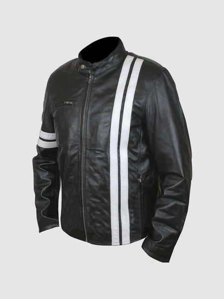 Black leather jacket with white stripes best sale